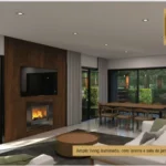 Amplio living iluminado com lareira e sala de jantar integradas