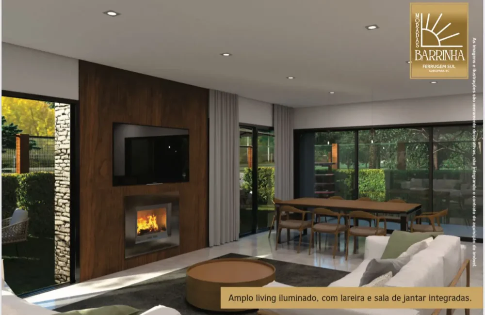 Amplio living iluminado com lareira e sala de jantar integradas